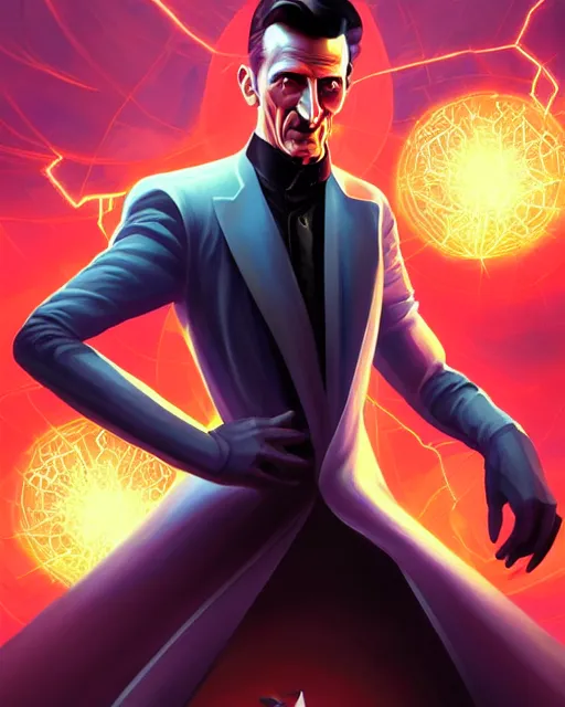 Prompt: Nikola Tesla as a supervillain with electric powers in a battle with Thomas Edison, epic and stunning character design, action scene, cover art, by MARVEL comics and Cyril Rolando and Noah Bradley