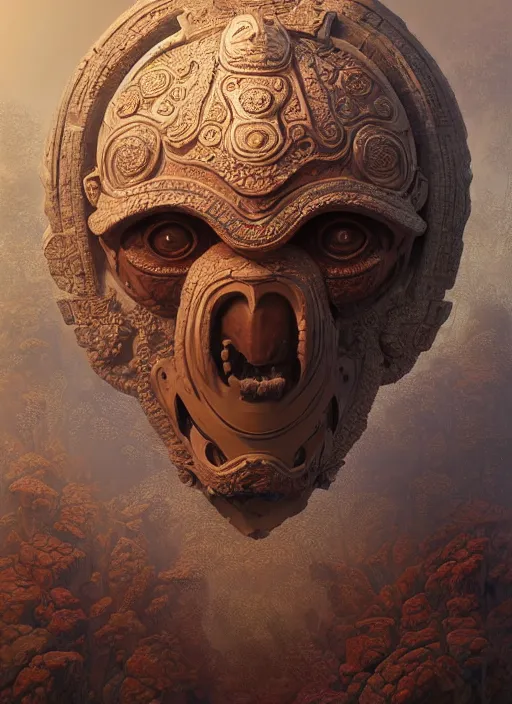 Image similar to Helmet of a forgotten Mayan Deity, ivory, corals, extremly detailed digital painting, in the style of Tomasz Alen Kopera and Fenghua Zhong and jeremy lipking and Peter Mohrbacher, mystical colors, rim light, beautiful lighting, 8k, stunning scene, raytracing, octane, trending on artstation