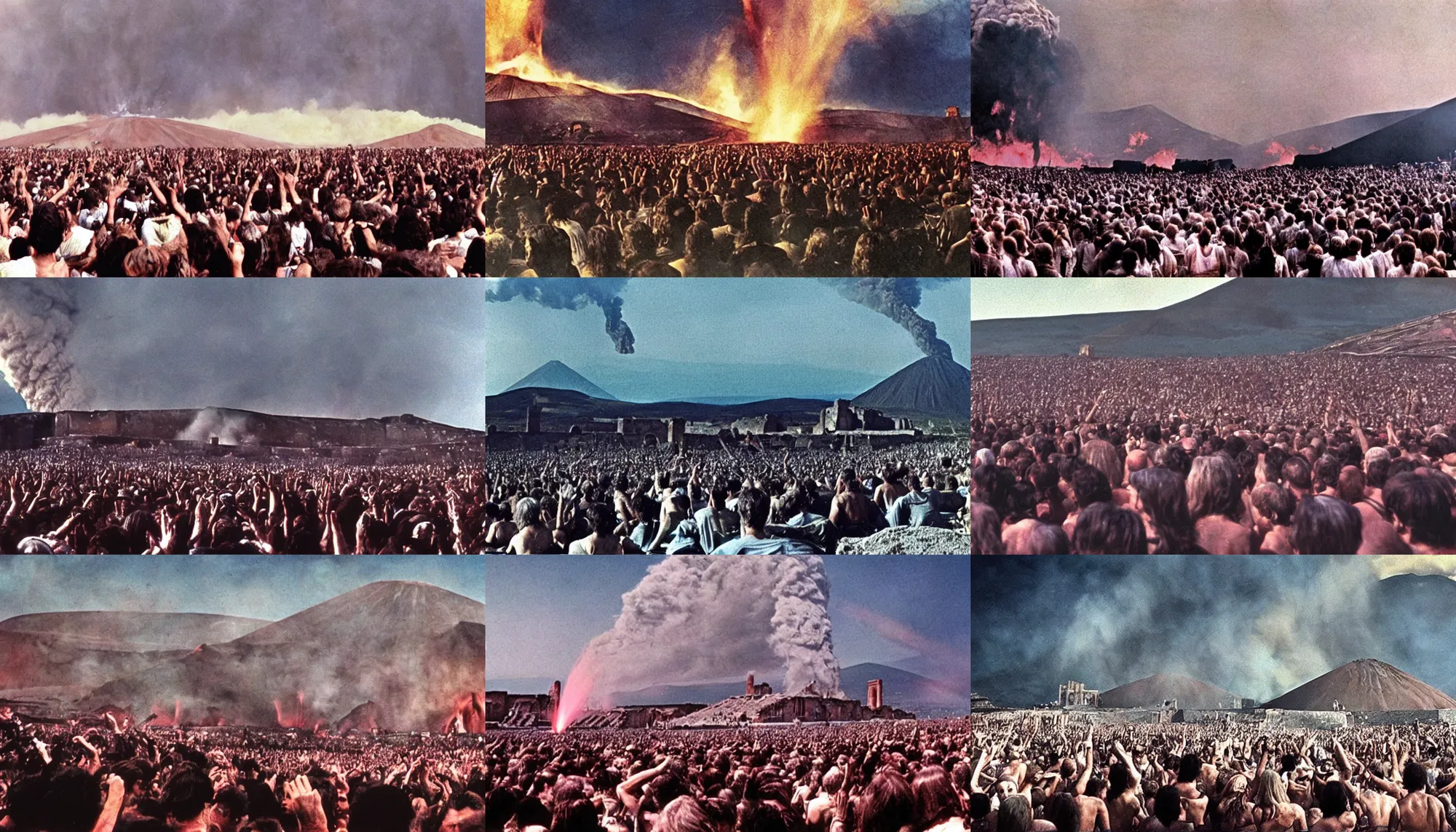 Prompt: Pink Floyd, Live At Pompeii During Vesuvio Eruption, movie still, live concert, 4k, HDR