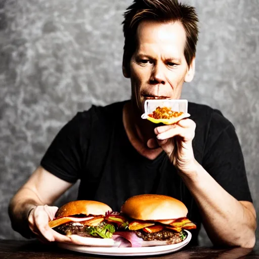 Image similar to kevin bacon portrait eating bacon burger soda fries, award winning food photography