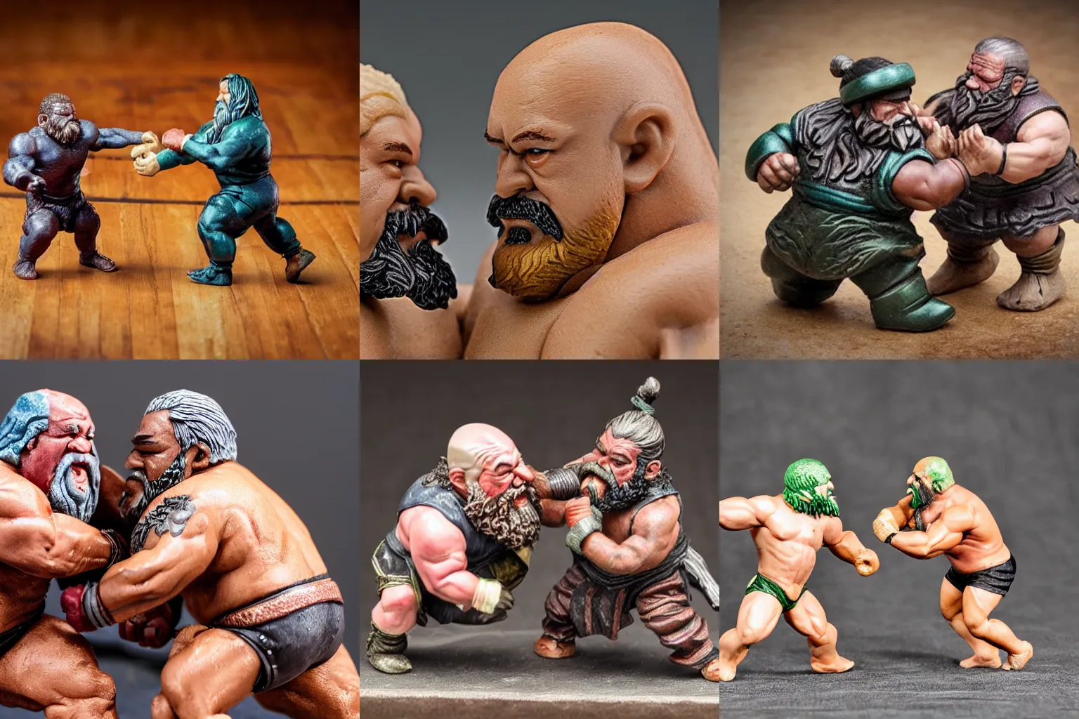 Prompt: a close up shot of two hand carved dwarf miniature figurines fighting each other in a pro wrestling match