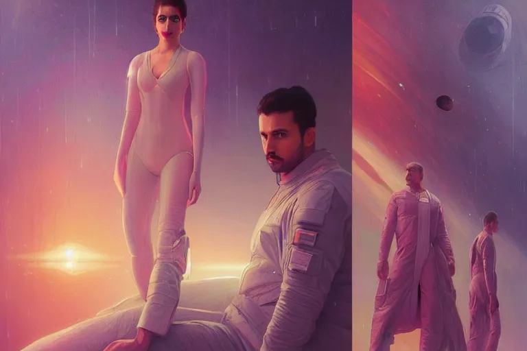 Image similar to Sensual good looking pale young Indian doctors wearing Blade Runner 2049 clothing in a space station above Earth, portrait, elegant, intricate, digital painting, artstation, concept art, smooth, sharp focus, illustration, art by artgerm and greg rutkowski and alphonse mucha