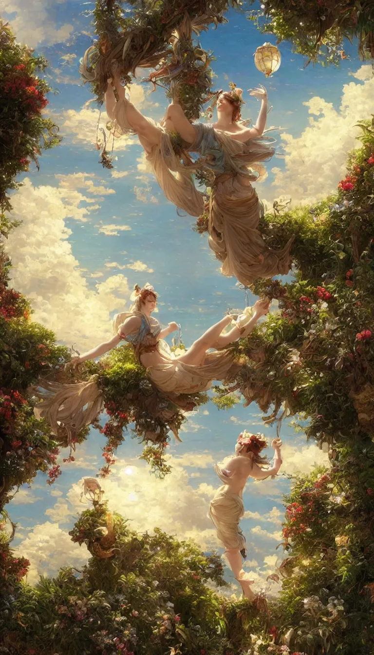 Image similar to wind deity enjoying the view from his stone heavenly palace, decorated with windchimes and paper lanterns, stunning nature and clouds in background, digital art, stanley artgerm lau, greg rutkowski, thomas kindkade, alphonse mucha, loish, norman rockwel