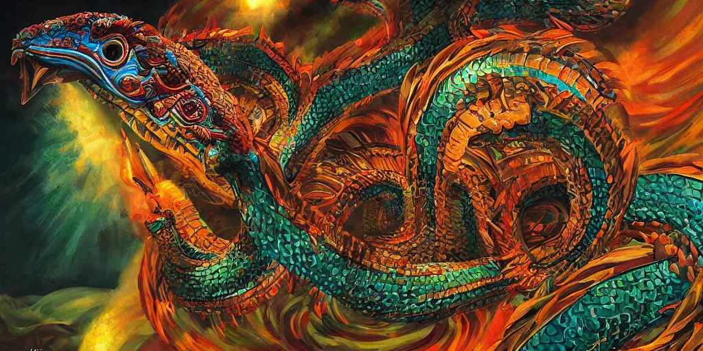 Prompt: Quetzalcoatl  the feathered serpent or plumed serpent is the Feathered-Serpent deity of ancient Mesoamerica by Liam Wong and Boris Vallejo