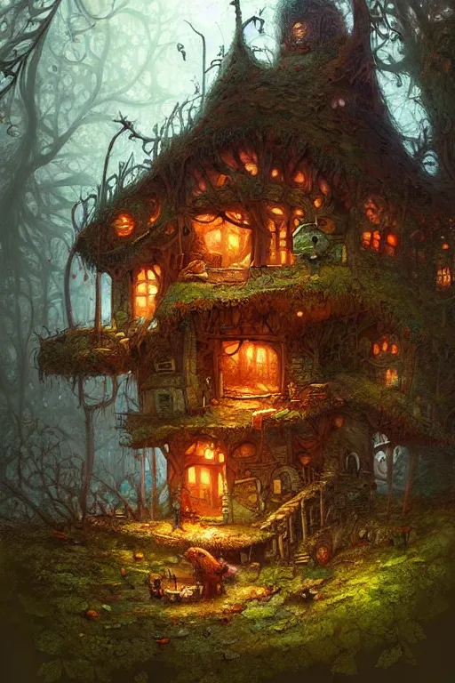 Image similar to a storybook style ramshackle multistory fairytale hut in the forest, by Marc Simonetti, intricate, elegant, fantasy, highly detailed, digital painting, concept art, sharp focus, artstation