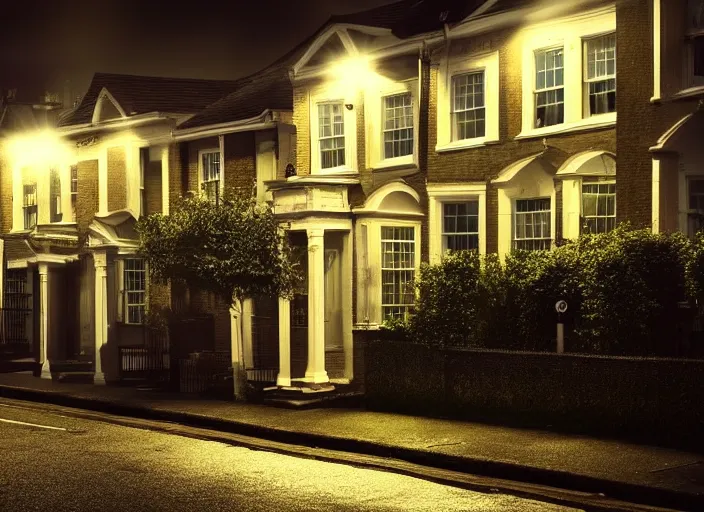 Image similar to small suburban houses in London at night inspired by Edward Hopper, Photographic stills, photography, fantasy, moody lighting, dark mood, imagination, cinematic