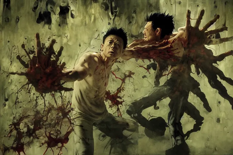 Prompt: scene from the movie, tetsuo unleashes a psychic pressure wave inside a green walled hospital hallway, Katsuhiro Otomo, Phil hale, Ashley wood, Ilya repin, frank frazetta, 8k, hd, high resolution print