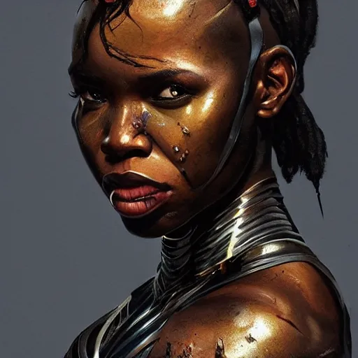 Prompt: portrait painting of a muscular bloodied black girl in a black panther suit, ultra realistic, concept art, intricate details, eerie, highly detailed, photorealistic, studio lighting, octane render, 8 k, unreal engine. art by artgerm and greg rutkowski and alphonse mucha