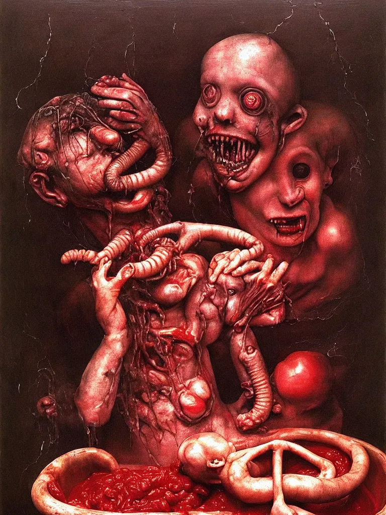 Image similar to a boy like eraserhead and elephant man sitting in a tub full of tomato sauce, looking straight into camera, screaming in desperation, dark baptist ritual, by giuseppe arcimboldo and ambrosius benson, renaissance, fruit, intricate and intense oil paint, a touch of beksinski and hr giger and edward munch, realistic