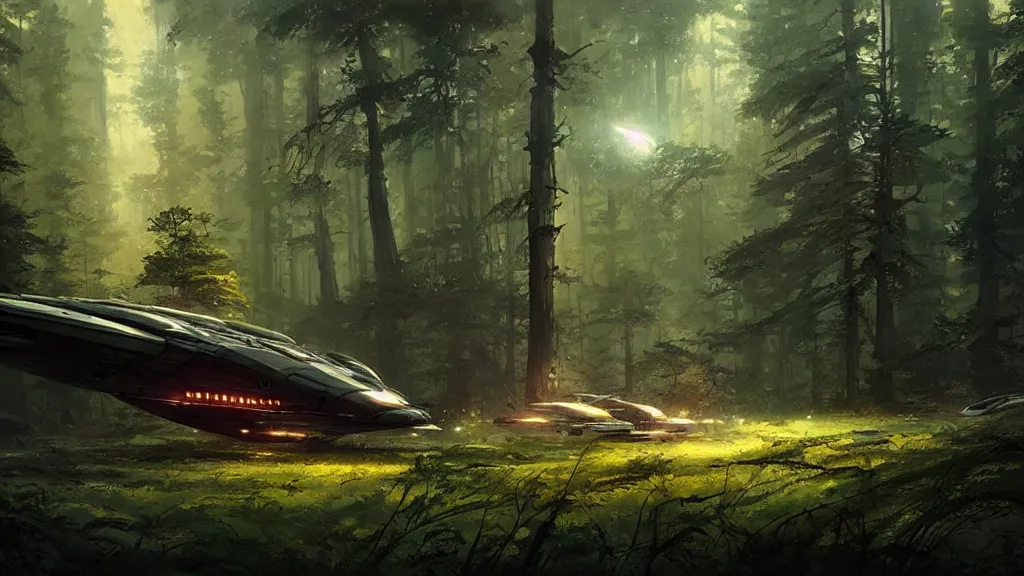 Prompt: a spaceship lost in the forest, detailed digital art by greg rutkowski.