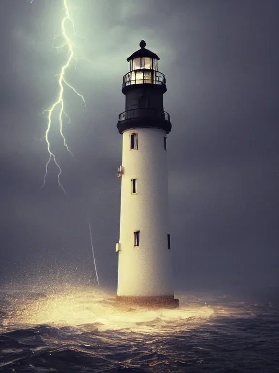 Image similar to photo of 8k ultra realistic lighthouse on island, heavy rain, ,lightning storm, boat lights in distance, night, light shining, heavy seas, full of colour, cinematic lighting, battered, trending on artstation, 4k, hyperrealistic, focused, extreme details,unreal engine 5, cinematic, masterpiece, art by Alena Aenami