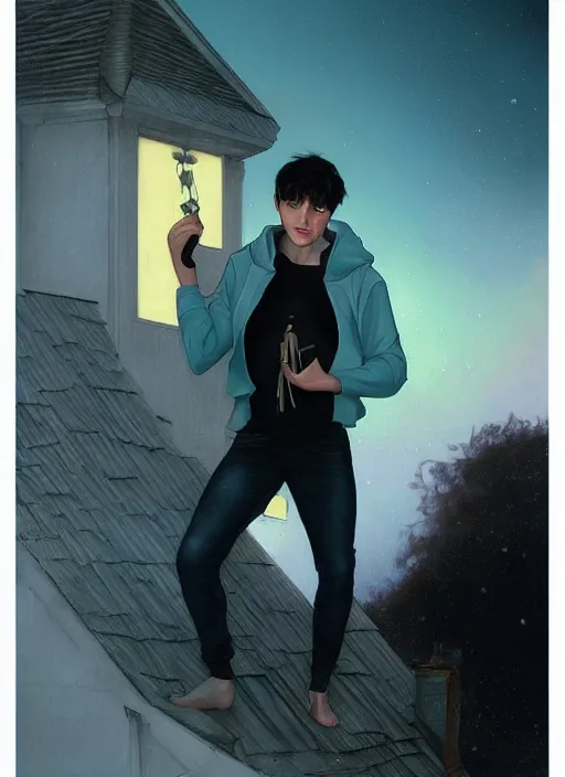 Image similar to handsome young man with short black hair, glowing light blue eyes, pale skin, crouching on the roof of a house, in a neighbourhood, at night, wearing jeans and a black hoodie, realistic painting by ross tran and gerald brom and alphonse mucha, trending on artstation