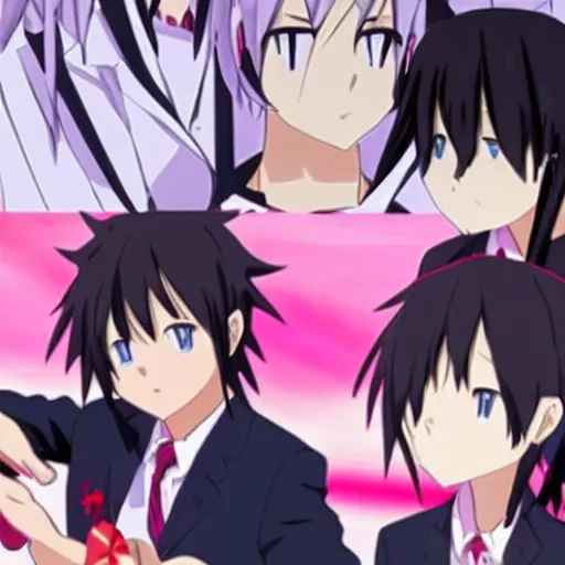 Image similar to Hikigaya Hachiman (dark hair) holding hands with Zero Two (pink hair)