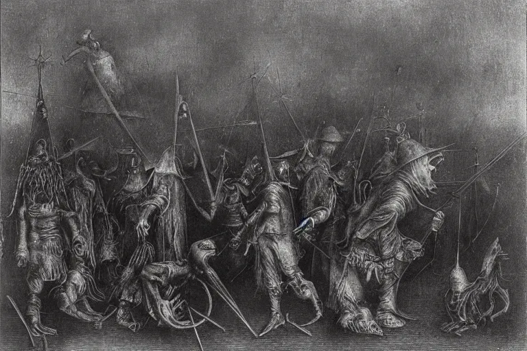 Prompt: a photo of plague doctors with rube goldberg machines in the fog by joel peter witkin, heironymus bosch, gustave dore, beksinski