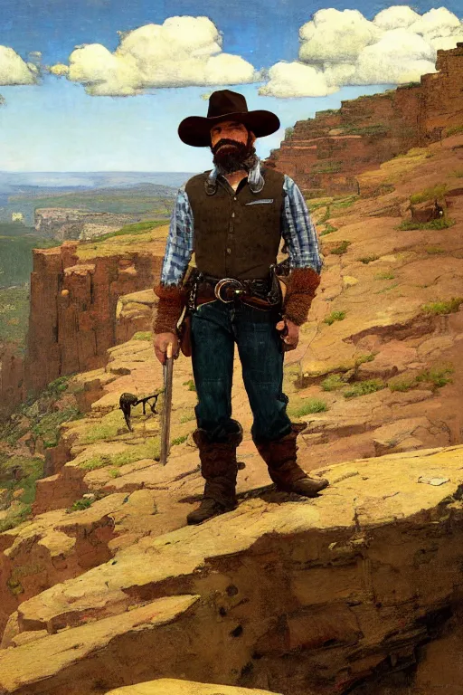 Prompt: wild west portrait of brawny burly surly cowboy man standing at the edge of a steep sharp cliff extreme drop looking out at the valley, sunny day, digital art by Nerdrum John, William Waterhouse, Winslow Homer, Alex Heywood, Jordan Grimmer, Darren Quach, Greg Rutkowski, Simon Stalenhag, trending on Artstation, CGSociety