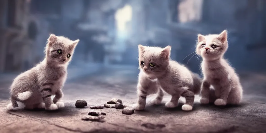 Prompt: tiny kitty and a tiny puppy, realistic 4 k octane beautifully detailed render, 4 k post - processing, highly detailed, intricate complexity, epic composition, magical atmosphere, cinematic lighting, masterpiece, ultra hd