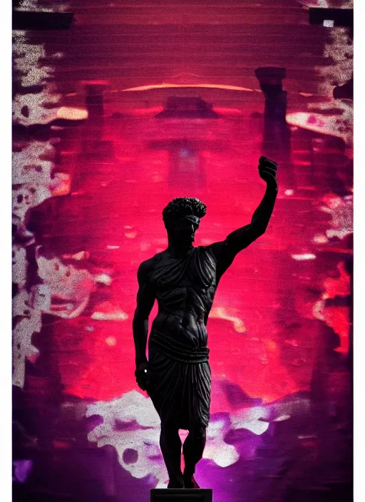 Image similar to black background with subtle red and purple design elements, statue of julius caesar, nekro, abstract art, thin lines, dark, glitch art, neo vaporwave, gritty, layout frame, trending on artstation