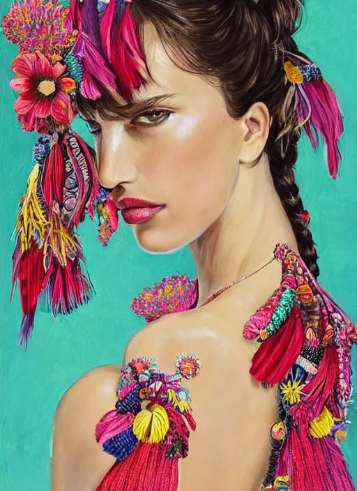 Image similar to beautiful portrait of Irina Shayk wearing fantastic Hand-dyed cotton dress,embellished beaded feather decorative fringe knots ,colorful pigtail,subtropical flowers and plants,dramatic,symmetrical face,intricate,elegant,highly detailed,8k,post-processing,digital painting,trending on pinterest, GUCCI,PRADA,concept art, sharp focus, illustration, by artgerm,Tom Bagshaw,Lawrence Alma-Tadema,greg rutkowski,alphonse Mucha