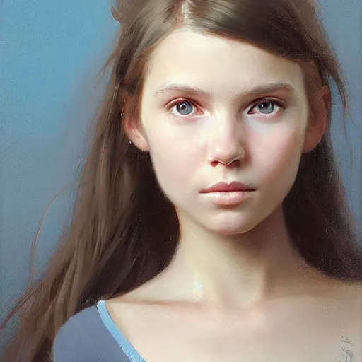 Image similar to Facial portrait of a pretty young cute girl, looking at the camera, slight awkward smile, lips slightly parted, no hands visible, extremely detailed painting by Greg Rutkowski and by Henry Justice Ford and by Steve Henderson