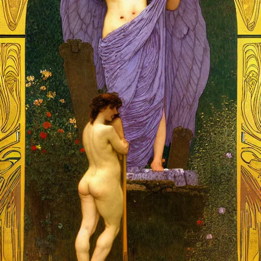 Prompt: the angelus by jean francois millet, art by gustav klimt - alphonse mucha - adolphe bouguereau - francois schuiten