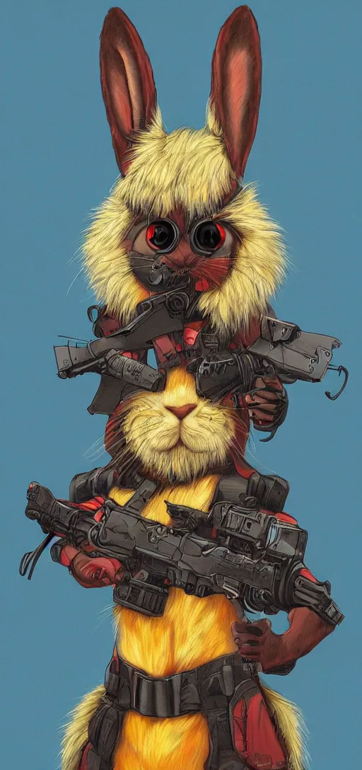 Image similar to portrait of neon fur rabbit with red eyes and a machine gun , 8k, highly detailed, sharp, realistic, in style of Brom