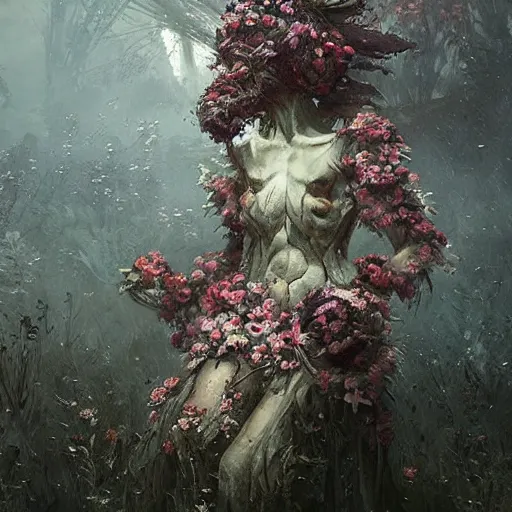 Image similar to a beautiful terrifying monster made out of flowers. ethereal horror fantasy art by greg rutkowski