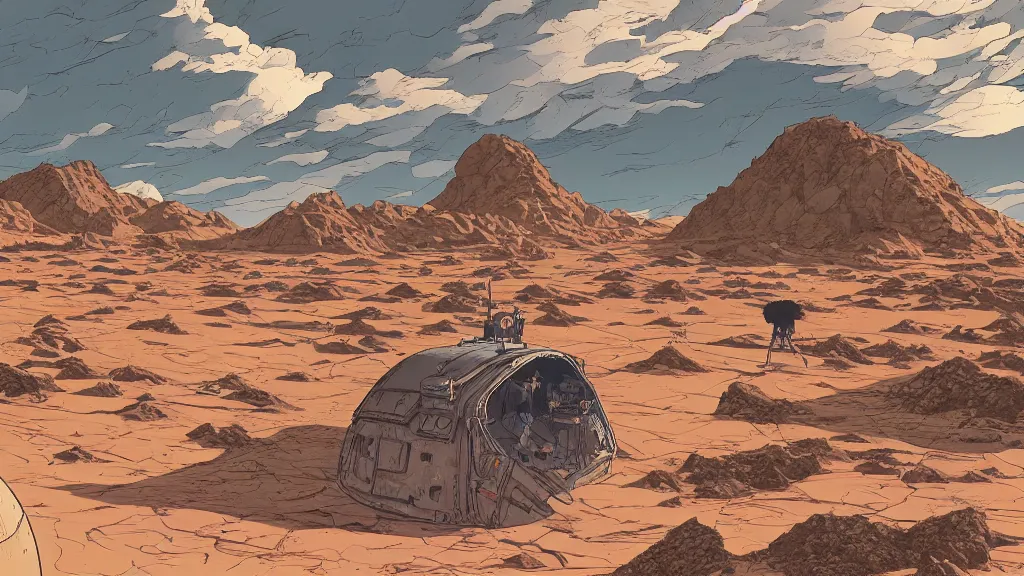 Prompt: very detailed, prophet graphic novel, ilya kuvshinov, mcbess, rutkowski, simon roy, illustration of a plateau with a large bunker door built into the side on a desert planet, wide shot, colorful, deep shadows, astrophotography