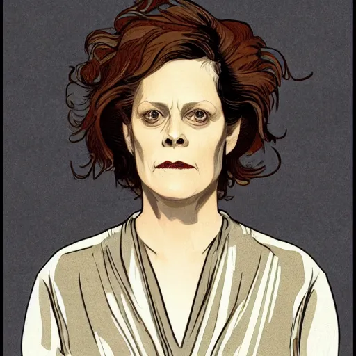Prompt: sigourney weaver, tired, serious, intelligent, powerful, white hair, fully clothed, wise, beautiful, by alfons mucha, soft lighting, trending on artstation, flat colour