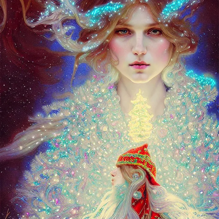 Image similar to psychedelic snowfall Spirit of Christmas, diffuse lighting, fantasy, intricate, elegant, highly detailed, lifelike, photorealistic, digital painting, artstation, illustration, concept art, smooth, sharp focus, art by John Collier and Albert Aublet and Krenz Cushart and Artem Demura and Alphonse Mucha