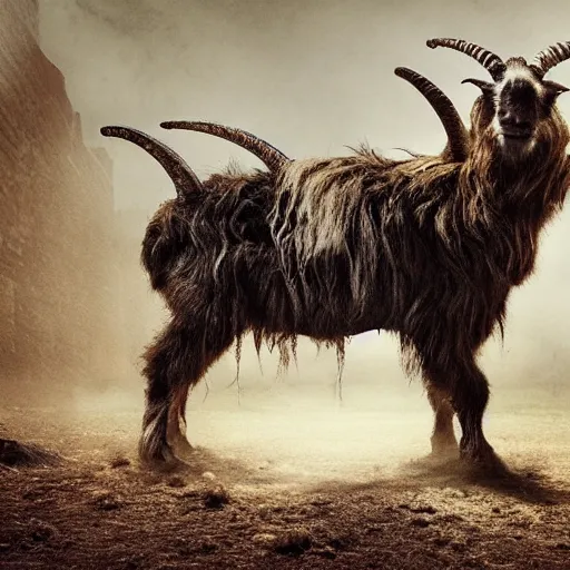 Image similar to horror, cinematic, still from film, daytime, muddy village square, wide shot, mutant goat monster with a mouth crammed full of sharp teeth, filthy matted fur and mountain goat horns, village square