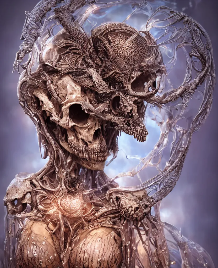 Image similar to close-up macro portrait of the face of a beautiful princess with animal skull mask, epic angle and pose, ribcage bones symmetrical artwork, 3d with depth of field, blurred background, cybernetic jellyfish female face skull phoenix bird, translucent, nautilus, energy flows of water and fire. a highly detailed epic cinematic concept art CG render. made in Maya, Blender and Photoshop, octane render, excellent composition, cinematic dystopian brutalist atmosphere, dynamic dramatic cinematic lighting, aesthetic, very inspirational, arthouse. y Greg Rutkowski, Ilya Kuvshinov, WLOP, Stanley Artgerm Lau, Ruan Jia and Fenghua Zhong