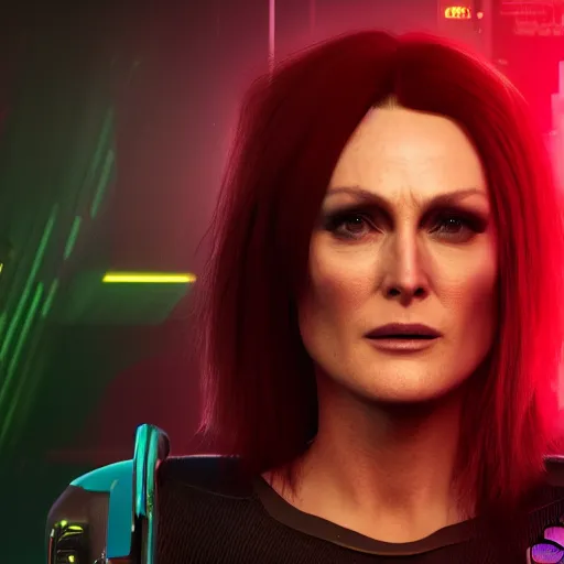 Image similar to julianne moore portrait, cyberpunk 2 0 7 7, cyberpunk judy alvarez, photorealistic, ultra detailed, neon, octane, bokeh, cinematic lighting, cyber, cyberpunk city, studio quality, feature, scars, cyberface, 8 k