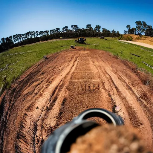 Image similar to a quokka and capybara standing on a motocross track, fisheye lens