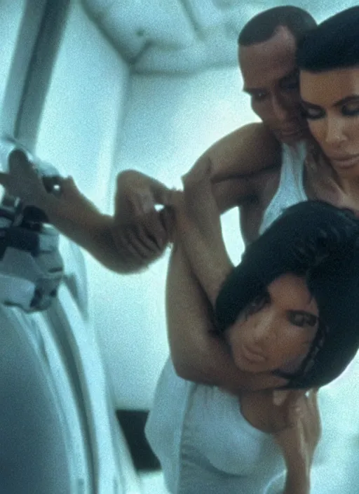 Image similar to film still of kim kardashian in the movie Alien, xenomorph holding kim in a chokehold, unconscious, cinematic shot, 4k.