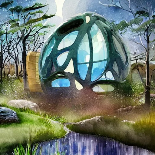 Prompt: beautiful happy picturesque charming sci - fi organic pod - like homes of the future consisting of modules in a beautiful natural scene. water, trees and rocks. beautiful light. soft colour scheme. beautiful artistic detailed watercolor by lurid. ( 2 0 2 2 )