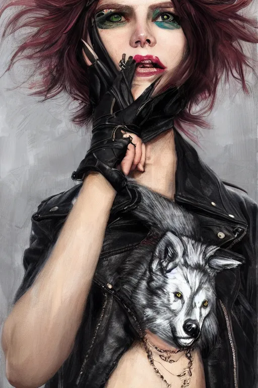 Image similar to portrait of a punk girl wearing a leather jacket with a wolf's head on her head, painted by waterhouse, bagshaw, digital painting, artstation