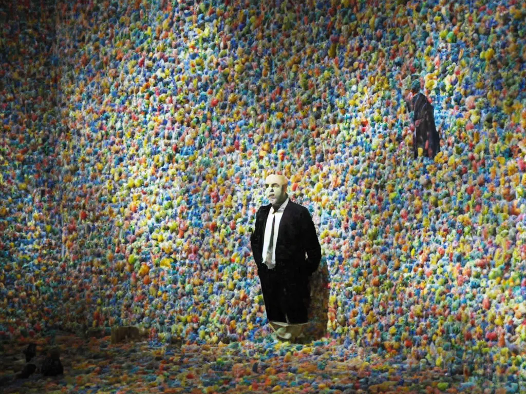 Image similar to a color photograph of inside an art gallery filled with wax. a man whose head is reduced to the size of a duck. the man is probably a spy