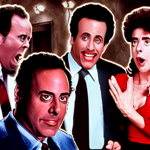 Image similar to Seinfeld but it's a horror movie, dramatic, scary