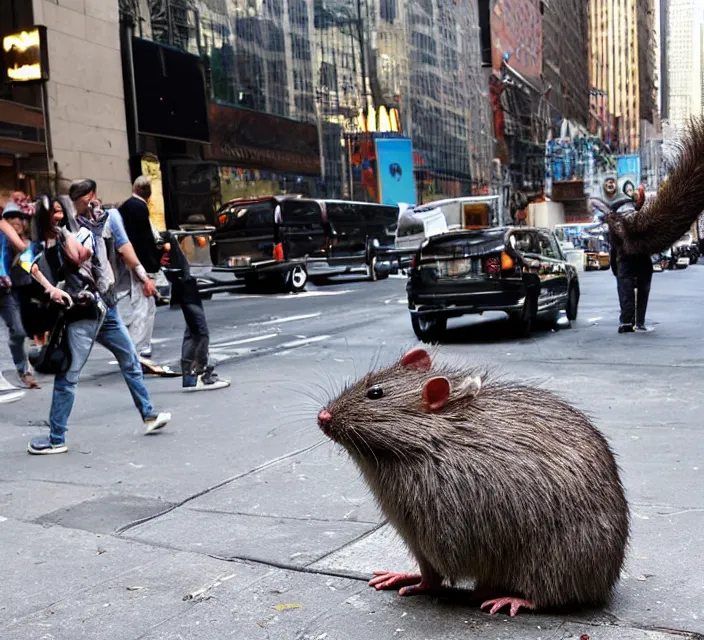 Prompt: gigantic rat takes over New York City, massive rodent, messy fur, award-winning photograph, photojournalism