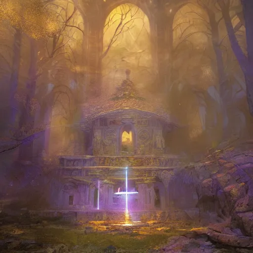 Prompt: stone structure holding a brightly shining energy light beam, intricate details, ornate, ancient forest, vibrant atmospheric colors, D&D, Magic The Gathering, by Craig Mullins, volumetric lighting,