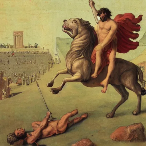 Image similar to a victorious roman gladiator in the arena one feet on top of a defeated lion