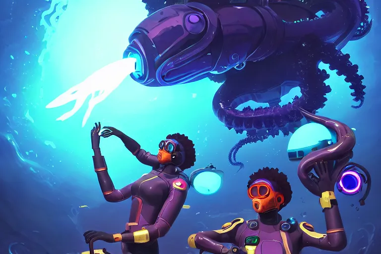 Image similar to afro - futurist scuba divers escaping an alien leviathan, gigantic angler fish glowing eyes and many ventral tentacles | hyperrealistic digital painting by makoto shinkai, ilya kuvshinov, lois van baarle, rossdraws | afrofuturism in the style of hearthstone and overwatch, trending on artstation