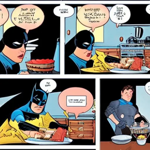 Prompt: batman baking a cake in a cozy french kitchen, comic book style