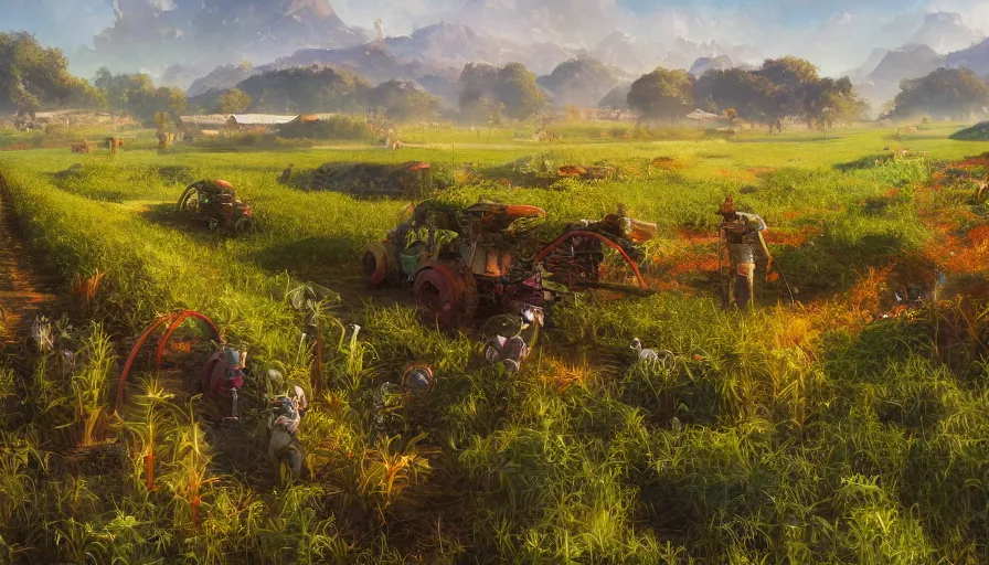 Image similar to craig mullins and ghibli digital illustration of solarpunk fields of crops and hydroponics under a force field, farms, colorful, unreal engine, hyper realism, realistic shading, cinematic composition, realistic render, octane render, detailed textures, photorealistic, wide shot