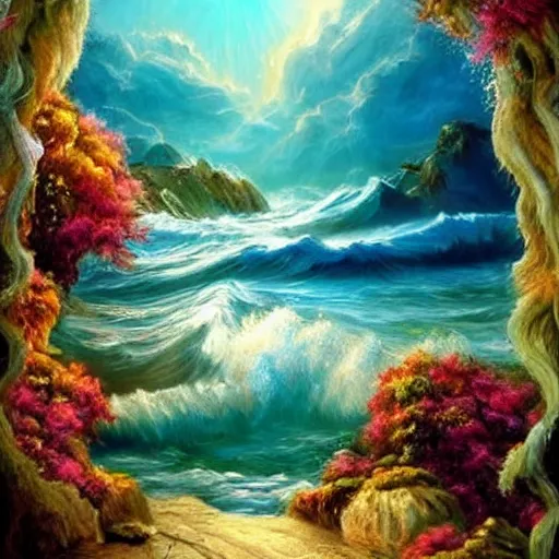 Image similar to a beautiful epic wondrous fantasy painting of the ocean