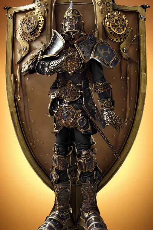 Image similar to steampunk paladin, full body portrait, octane render, 4k, extremely ornate armor and shield, highly intricate