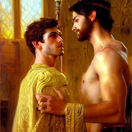 Image similar to attractive fully clothed king confesses his love for his attractive fully clothed male prince. highly detailed painting by gaston bussiere, craig mullins, j. c. leyendecker 8 k