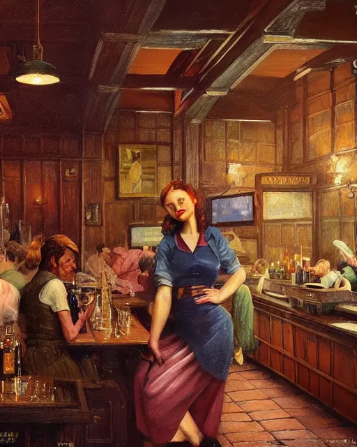 Prompt: a beautiful barmaid, dimly lit cozy tavern, relaxed pose, fantasy, art deco, detailed painterly digital art style by Francis Bacon, 😍 , 8k octane beautifully detailed render, post-processing, extremely hyperdetailed, in the style of Francis Bacon and Syd Mead and Edward Hopper and Norman Rockwell and Beksinski, open ceiling, highly detailed, painted by Francis Bacon, painted by James Gilleard, surrealism, airbrush, Ilya Kuvshinov, WLOP, Stanley Artgerm, very coherent, art by Takato Yamamoto and James Jean