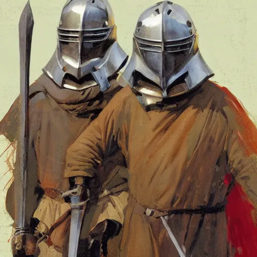 Image similar to portrait of two men wearing gambeson and medieval helmets, raised swords, fighting, detailed by greg manchess, craig mullins, bernie fuchs, walter everett