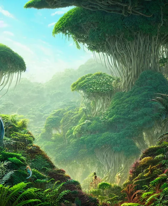 Image similar to an enormous conservatory made from exotic fungus, overgrown with huge weird ferns, on an ocean cliff side, noon, sun drenched, partly cloudy, by dan mumford, yusuke murata, makoto shinkai, ross tran, cinematic, unreal engine, cel shaded, featured on artstation, pixiv